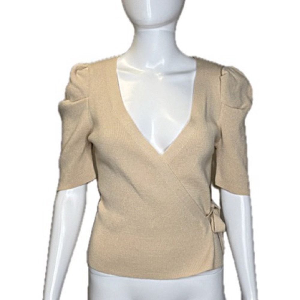 ASOS Puff Sleeve Wrap Sweater Womens Size 2 XS Beige Fine Ribbed Knit Coquette